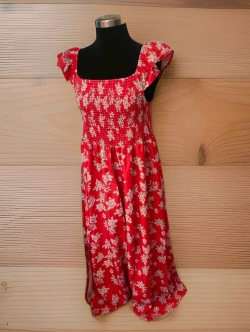 Amazon Square Neck Red Floral Off Shoulder Flutter Sleeve Maxi Dress XL
